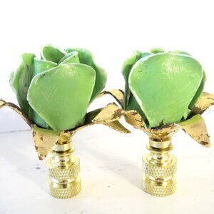 Vintage Italian Tole Rose Lamp Finials, a Pair. Pale Green